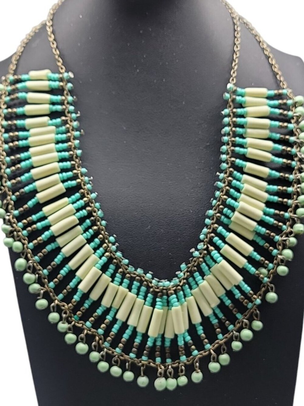 Vintage Turquoise Multi Strand Beaded Collar Necklace Cream Bead Cleopatra Style